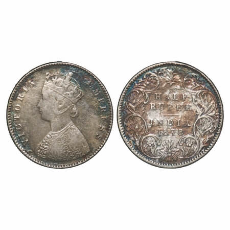 Victoria Empress, Silver, Half Rupee, 1878, Calcutta Mint, A/I, No mint mark. F. Prid 262.