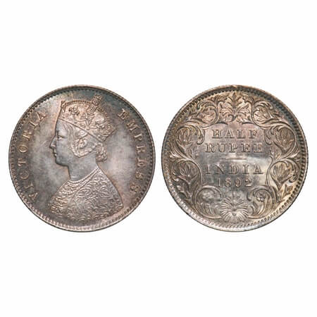 Victoria Empress, Silver, Half Rupee, 1892, Calcutta Mint, A/I, 'C' incused, Die crack on 