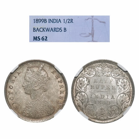 Victoria Empress, Silver, Half Rupee, 1899, Bombay Mint, A/I, 'B' incused, B incused inver