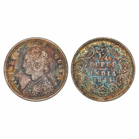 Victoria Queen, Silver, 1/4 Rupee, 1874, Bombay Mint, A/I, Dot. F. Prid 405. GK 664. Very 