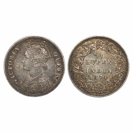 Victoria Queen, Silver, 1/4 Rupee, 1874, Calcutta Mint, A/I, No mint mark, No 'C'. F. Prid