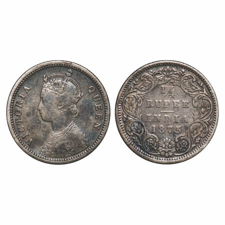 Victoria Queen, Silver, 1/4 Rupee, 1875, Bombay Mint, A/I, No dot. F. Prid 406. GK 666. Ab