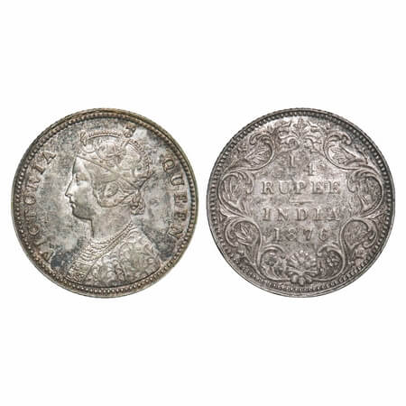 Victoria Queen, Silver, 1/4 Rupee, 1876, Calcutta Mint, A/I, No mint mark, No 'C'. F. Prid