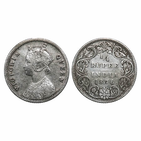 Victoria Queen, Silver, 1/4 Rupee, 1876, Calcutta Mint, A/I, No mint mark, No 'C'. F. Prid