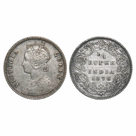Victoria Queen, Silver, 1/4 Rupee, 1876, Calcutta Mint, A/I, No mint mark, No 'C'. F. Prid