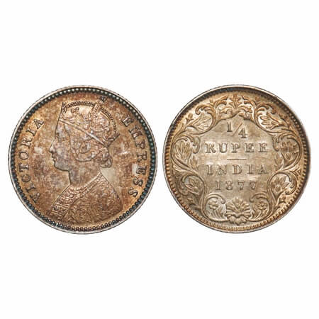 Victoria Empress, Silver, 1/4 Rupee, 1877, Calcutta Mint, B/I, No mint mark, No 'C'. F. Pr
