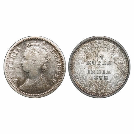 Victoria Empress, Silver, 1/4 Rupee, 1878, Calcutta Mint, C/II, No mint mark, No 'C'. F. P