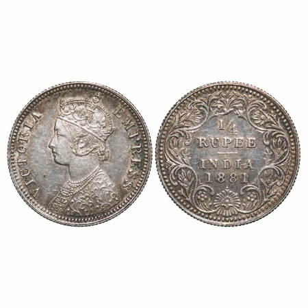 Victoria Empress, Silver, 1/4 Rupee, 1881, Bombay Mint, A/II, Dot. F. Prid 410. GK 676. Ex