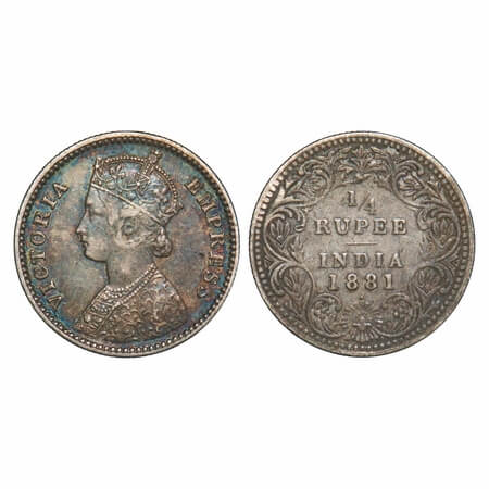 Victoria Empress, Silver, 1/4 Rupee, 1881, Bombay Mint, B/II, Dot. F. Prid 411. GK 678. Ve