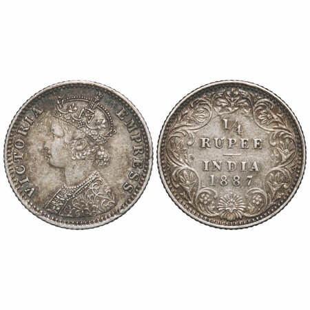 Victoria Empress, Silver, 1/4 Rupee, 1887, Bombay Mint, C(i)/II, 'B' raised. F. Prid 420. 
