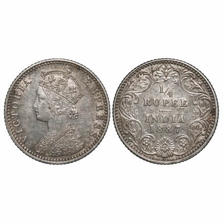 Victoria Empress, Silver, 1/4 Rupee, 1887, Bombay Mint, C(i)/II, 'B' raised. F. Prid 420. 