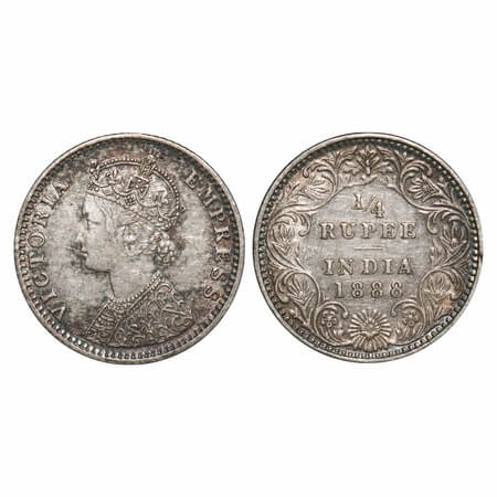 Victoria Empress, Silver, 1/4 Rupee, 1888, Bombay Mint, C(i)/II, 'B' raised. F. Prid 421. 