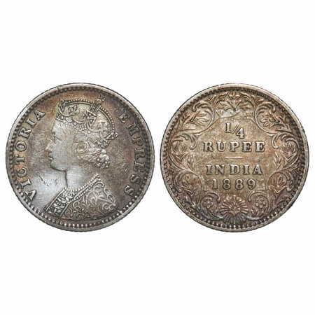 Victoria Empress, Silver, 1/4 Rupee, 1889, Bombay Mint, C(i)/II, 'B' incused. F. Prid 423.