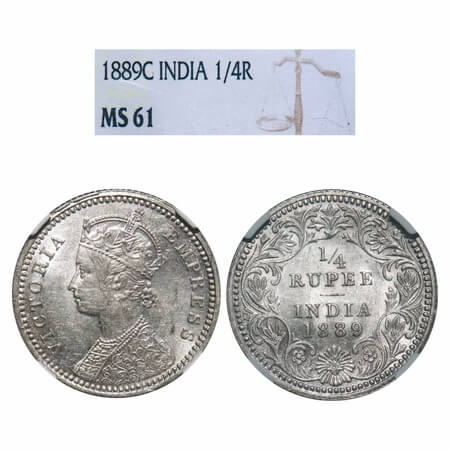Victoria Empress, Silver, 1/4 Rupee, 1889, Calcutta Mint, C/II, 'C' incused. F. Prid 394. 