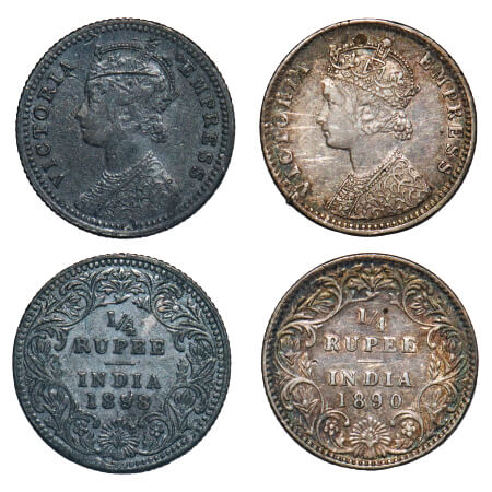 Victoria Empress, Silver, 1/4 Rupee, (2 coins), 1) 1890, Bombay Mint, C(i)/II, 'B' incused