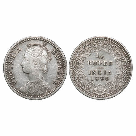 Victoria Empress, Silver, 1/4 Rupee, 1890, Calcutta Mint, C/II, 'C' incused. F. Prid 395. 