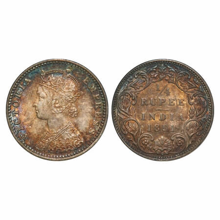 Victoria Empress, Silver, 1/4 Rupee, 1891, Bombay Mint, C(i)/I, 'B' incused. F. Prid 425. 