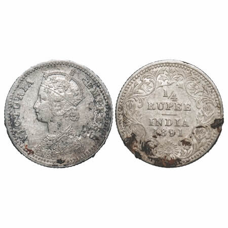 Victoria Empress, Silver, 1/4 Rupee, 1891, Calcutta Mint, C/II, 'C' incused. F. Prid 396. 