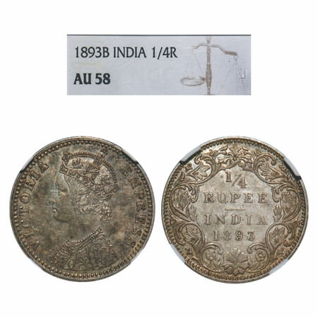 Victoria Empress, Silver, 1/4 Rupee, 1893, Bombay Mint, C(i)/I, 'B' incused. F. Prid 428.