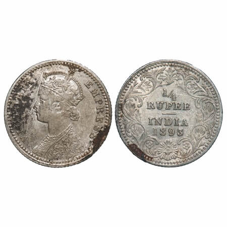 Victoria Empress, Silver, 1/4 Rupee, 1893, Calcutta Mint, C/II, 'C' incused. F. Prid 398. 