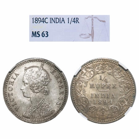 Victoria Empress, Silver, 1/4 Rupee, 1894, Calcutta Mint, C/II, 'C' incused. F. Prid 399. 