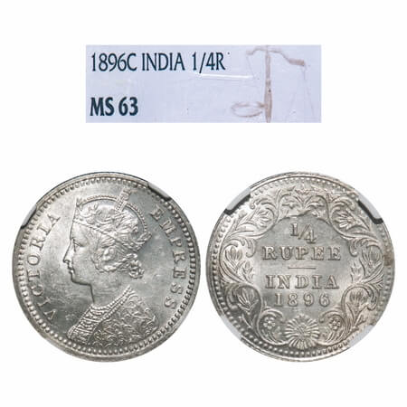 Victoria Empress, Silver, 1/4 Rupee, 1896, Calcutta Mint, C/II, 'C' incused. F. Prid 400. 