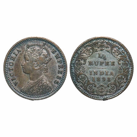 Victoria Empress, Silver, 1/4 Rupee, 1898, Calcutta Mint, C/II, 'C' incused. F. Prid 402. 