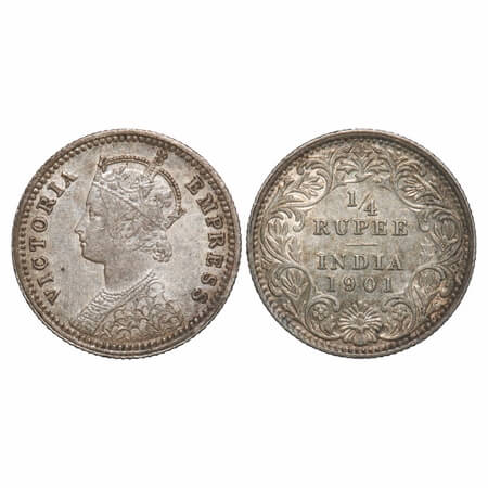 Victoria Empress, Silver, 1/4 Rupee, 1901, Calcutta Mint, C/II, 'C' incused. F. Prid 404. 