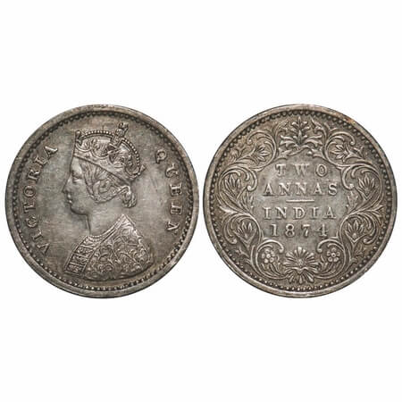 Victoria Queen, Silver, 2 Annas, 1874, Bombay Mint, A/I, No mint mark, No dot, Die doublin