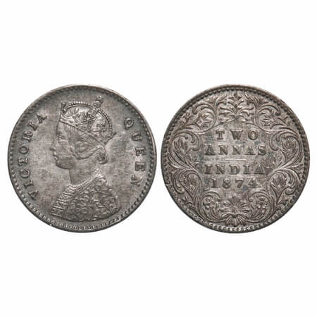 Victoria Queen, Silver, 2 Annas, 1874, Calcutta Mint, A/I, No mint mark, Die crack on Obv.