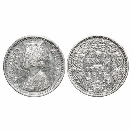 Victoria Queen, Silver, 2 annas, 1875, Bombay Mint, A/I, No mint mark, No dot. F. Prid 517