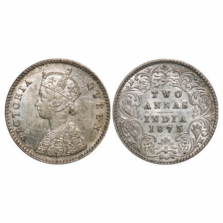 Victoria Queen, Silver, 2 Annas, 1875, Calcutta Mint, A/I, No mint mark, Die crack on Obv.