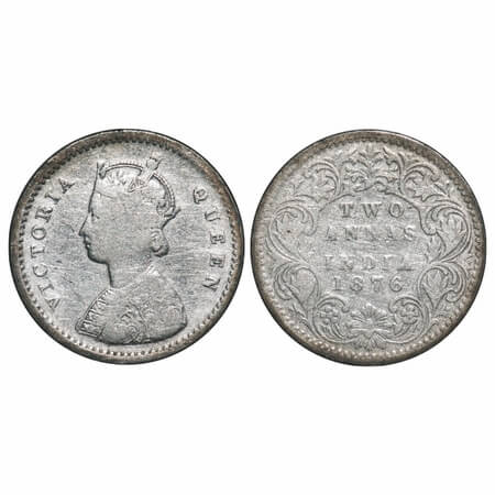 Victoria Queen, Silver, 2 annas, 1876, Bombay Mint, A/I, No mint mark no dot. F. Prid 518.