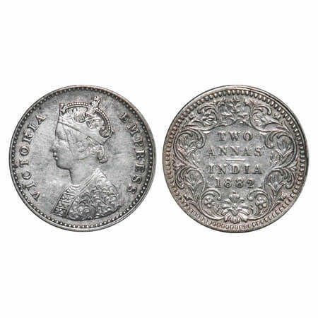 Victoria Empress, Silver, 2 Annas, 1882, Bombay Mint, A/II, Dot. F. Prid 526. GK 760. Very