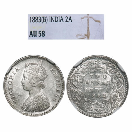 Victoria Empress, Silver, 2 Annas, 1883, Bombay Mint, A/I, Dot. F. Prid 530. GK 766. NGC S