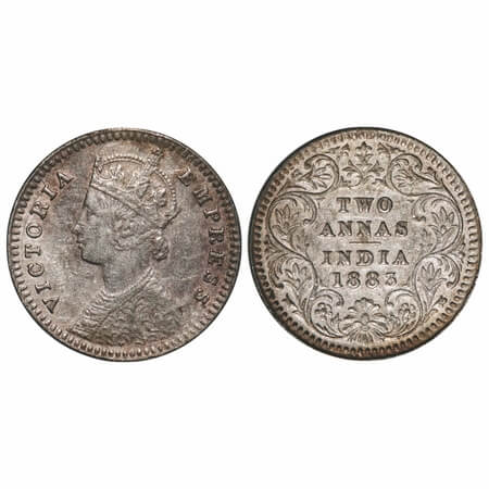 Victoria Empress, Silver, 2 Annas, 1883, Calcutta Mint, B/II, 'C' incused. F. Prid 498. GK