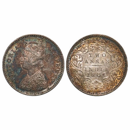 Victoria Empress, Silver, 2 Annas, 1884, Bombay Mint, A/I, No dot. F. Prid 531. GK 769. Ab
