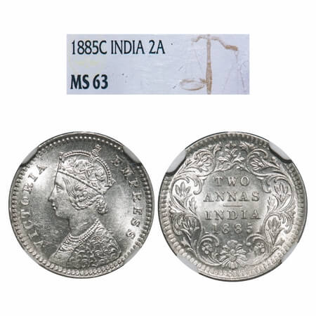 Victoria Empress, Silver, 2 Annas, 1885, Calcutta Mint, B/II, 'C' incused. F. Prid 500. GK
