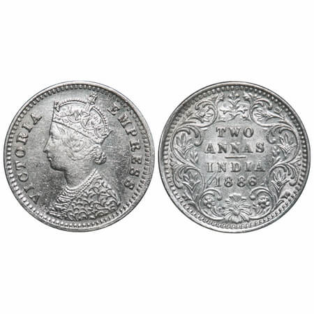 Victoria Empress, Silver, 2 annas, 1886, Bombay Mint, B/II, 'B' incused, Ghost on Rev. F. 