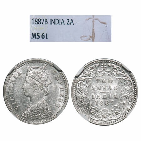 Victoria Empress, Silver, 2 Annas, 1887, Bombay Mint, B/II, 'B' incused. F. Prid 540. GK 7