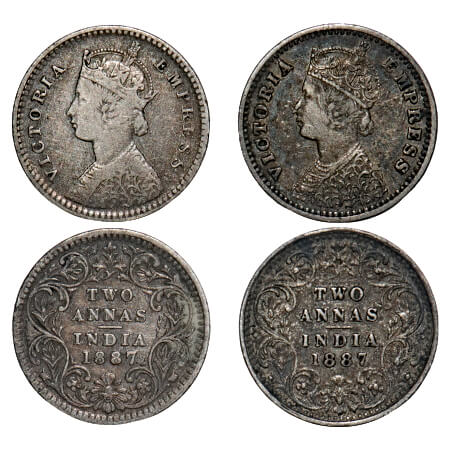 Victoria Empress, Silver, 2 Annas, (2 coins), 1887, 1) Bombay Mint, B/II, 'B' incused, 2) 