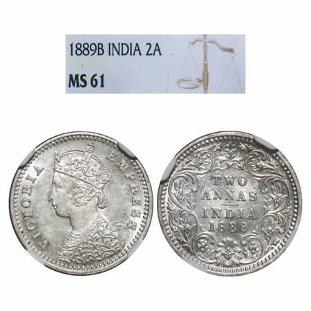 Victoria Empress, Silver, 2 Annas, 1889, Bombay Mint, B/II, 'B' incused, Alamost 1'o clock