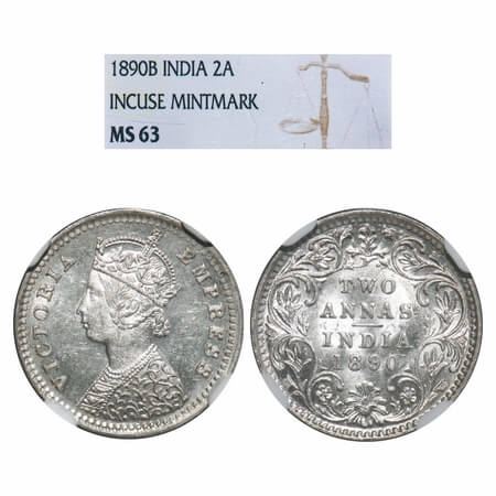 Victoria Empress, Silver, 2 Annas, 1890, Bombay Mint, B/II, 'B' incuse. F. Prid 545. GK 79