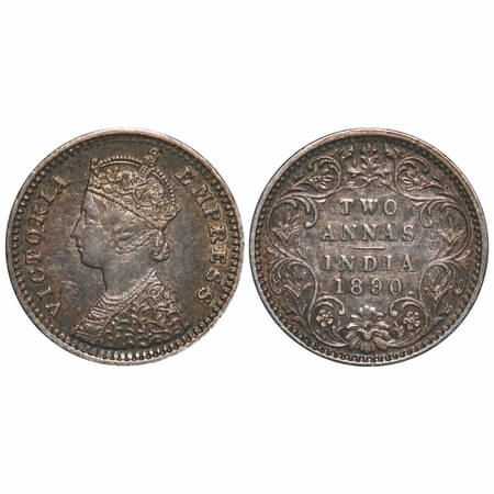 Victoria Empress, Silver, 2 Annas, 1890, Bombay Mint, B/II, 'B' incused. F. Prid 545. GK 7