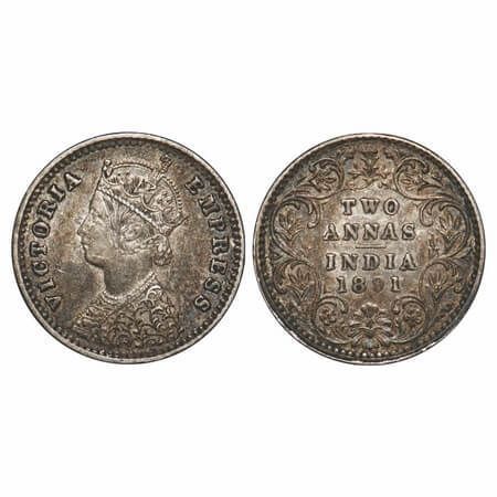 Victoria Empress, Silver, 2 Annas, 1891, Bombay Mint, B/II, 'B' incused. F. Prid 546. GK 7
