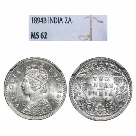 Victoria Empress, Silver, 2 Annas, 1894, Bombay Mint, B/II, 'B' incused. F. Prid 549. GK 8