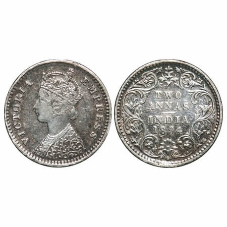 Victoria Empress, Silver, 2 Annas, 1894, Bombay Mint, B/II, 'B' incused. F. Prid 549. GK 8