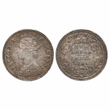 Victoria Empress, Silver, 2 Annas, 1894, Calcutta Mint, B/II, 'C' incused. F. Prid 509. GK