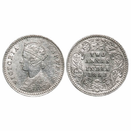 Victoria Empress, Silver, 2 Annas, 1896, Calcutta Mint, B/II, 'C' incused. F. Prid 511. GK