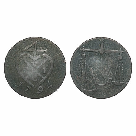 Bombay Presidency, Copper Pice, 6.16g, 1794 AD. Obv: Bale Mark and date, Rev: Scales, pers